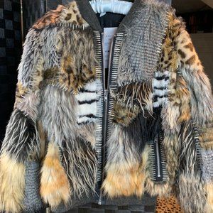 Ashish Patchwork Faux Fur Bomber Jacket , size L,
